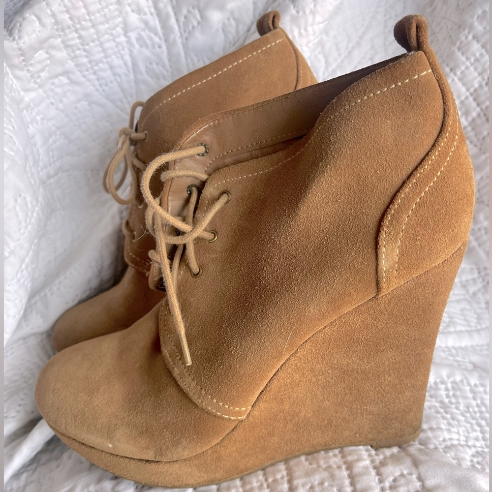 Tan suede wedge ankle boots